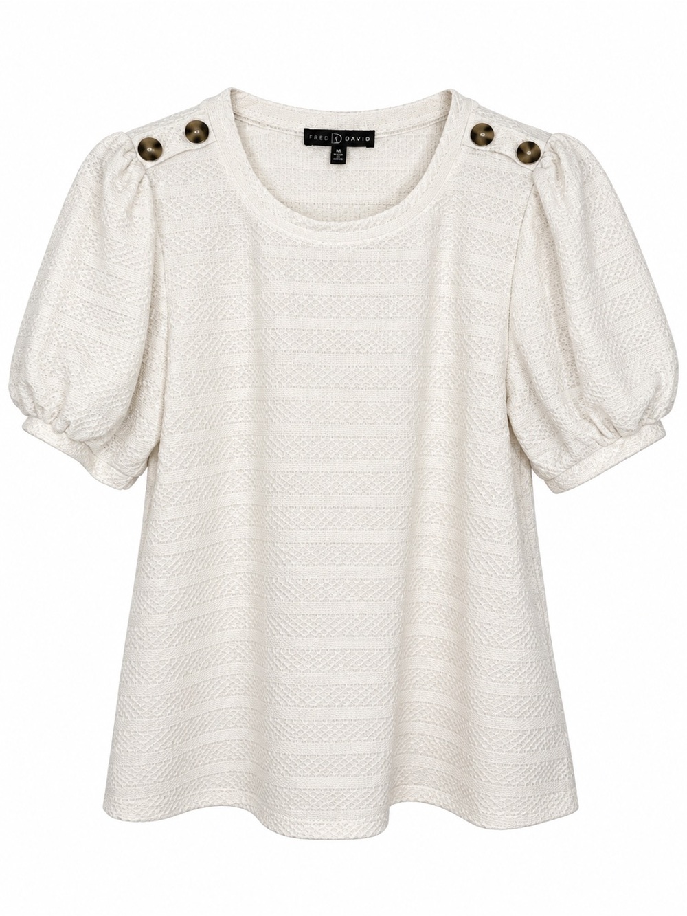 Fred David Women’s Medium Textured Puff Sleeve Button Shoulder Top